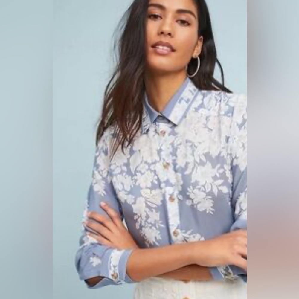 Maeve X Anthropologie Silk Floral Long Sleeves Top, Size 0P